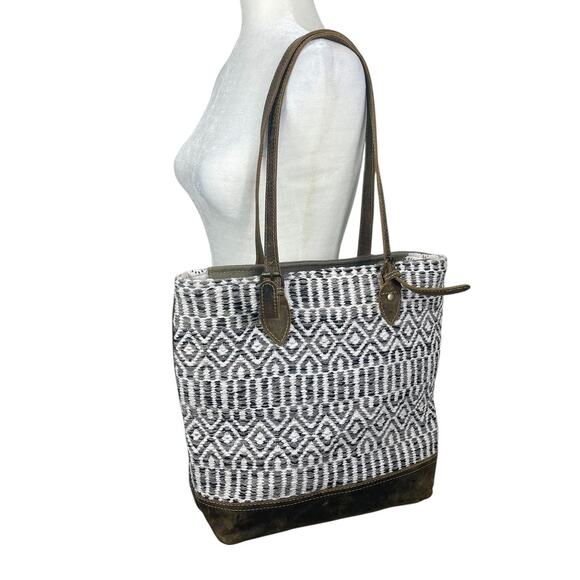 Myra Bag Handbags - Myra Bag Leather Embroidery Shoulder Bag Tote Boho Aztec Western Brown White